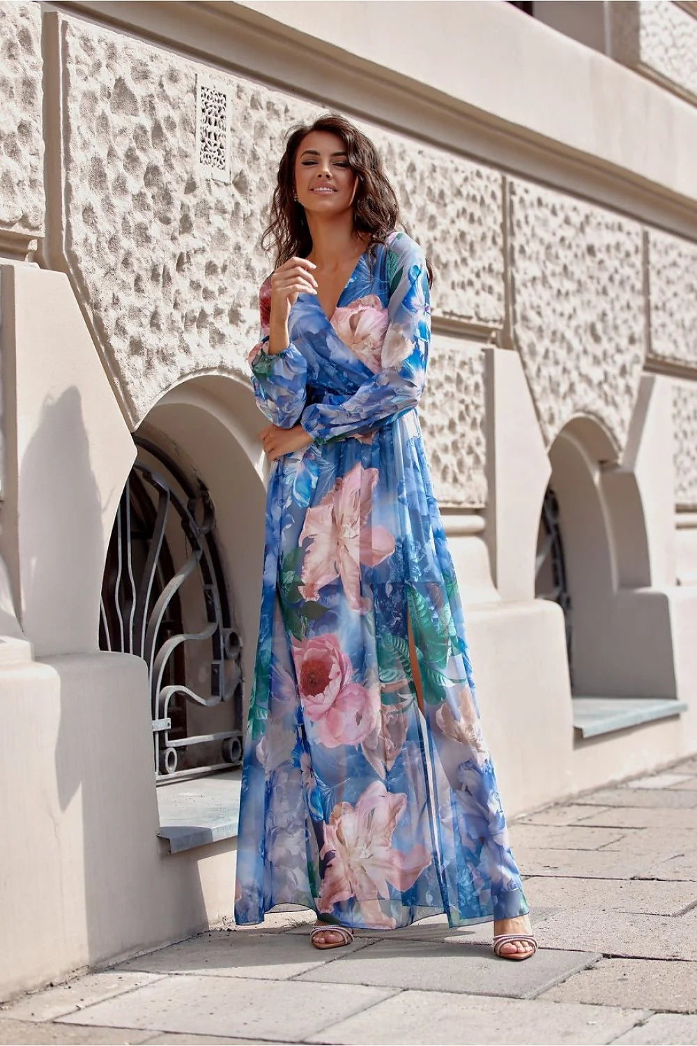 Robe longue Roco Fashion élégante mousseline motifs floraux longueur maxi coupe fluide taille ajustable femme