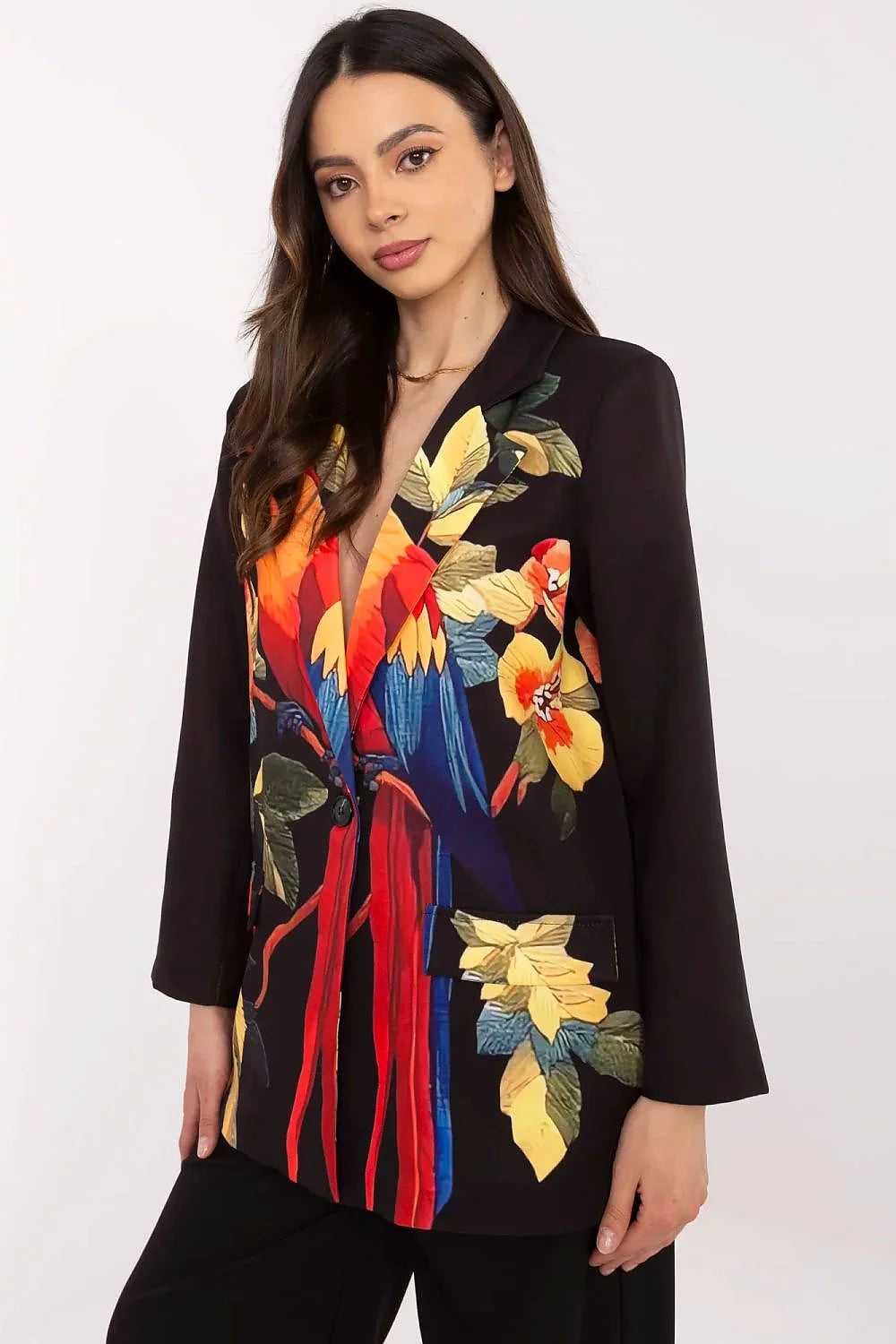 Veste Italia Moda femme blazer style audacieux imprimé perroquets feuilles tropicales couleurs vives polyester qualité élevé coupe structurée