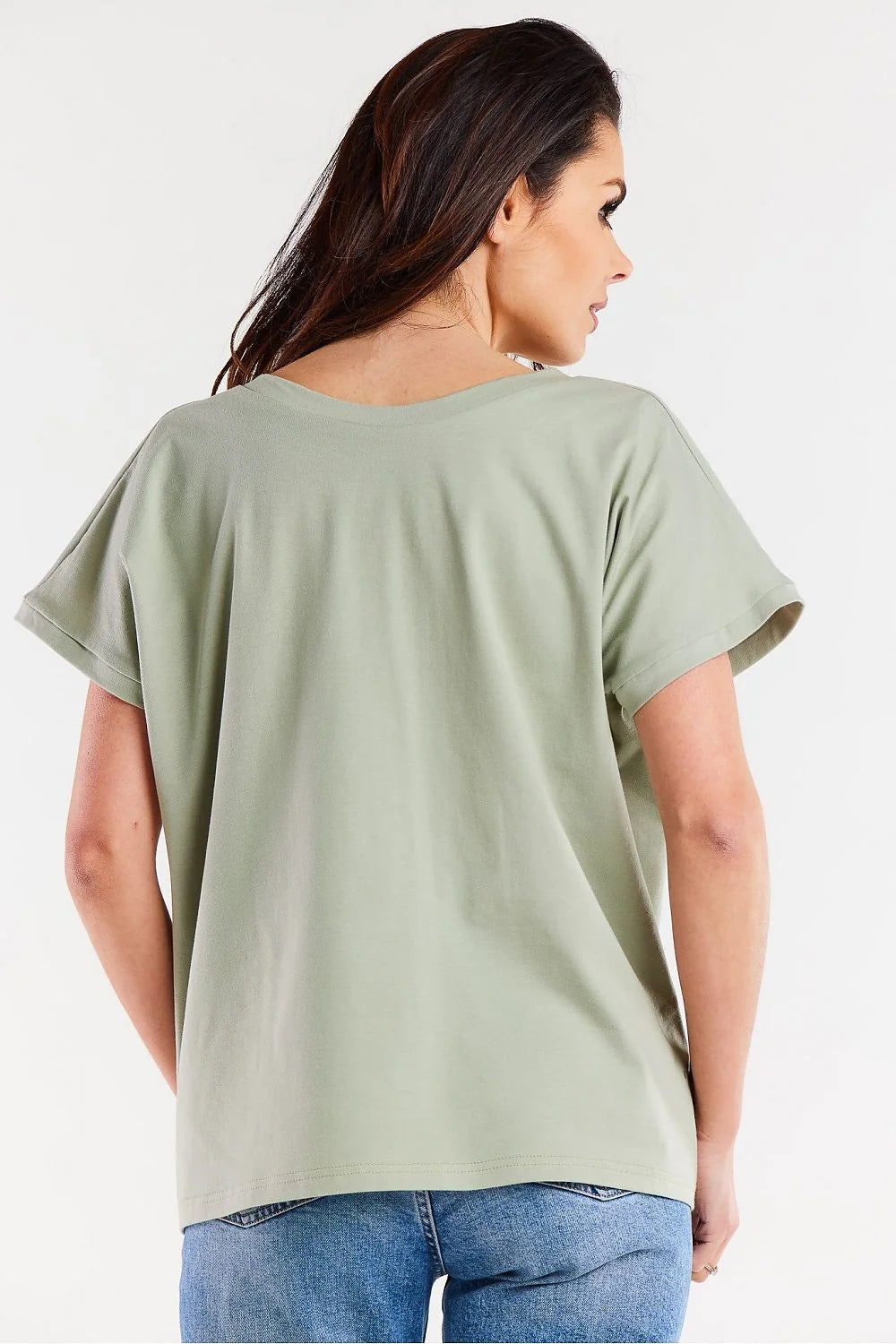 Top femme décontracté vert sauge manches courtes encolure V coupe ample tissu doux léger coton Pologne