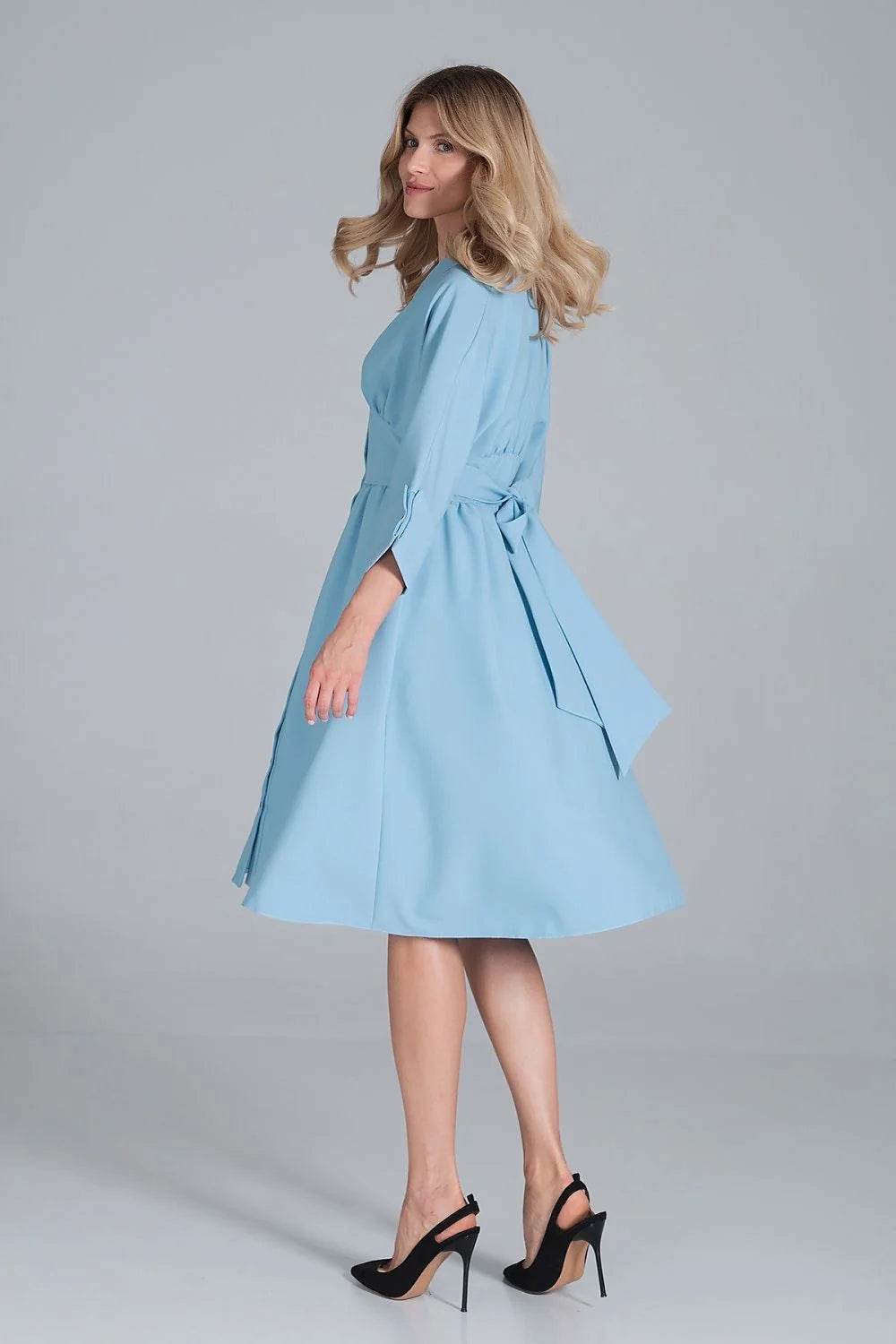 Robe midi polyester élégante rose vive manches trois-quarts boutons col V femme mode chic