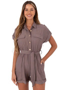 Combinaison femme courte style classique manches courtes col chemise ceinture taupe viscose nylon été