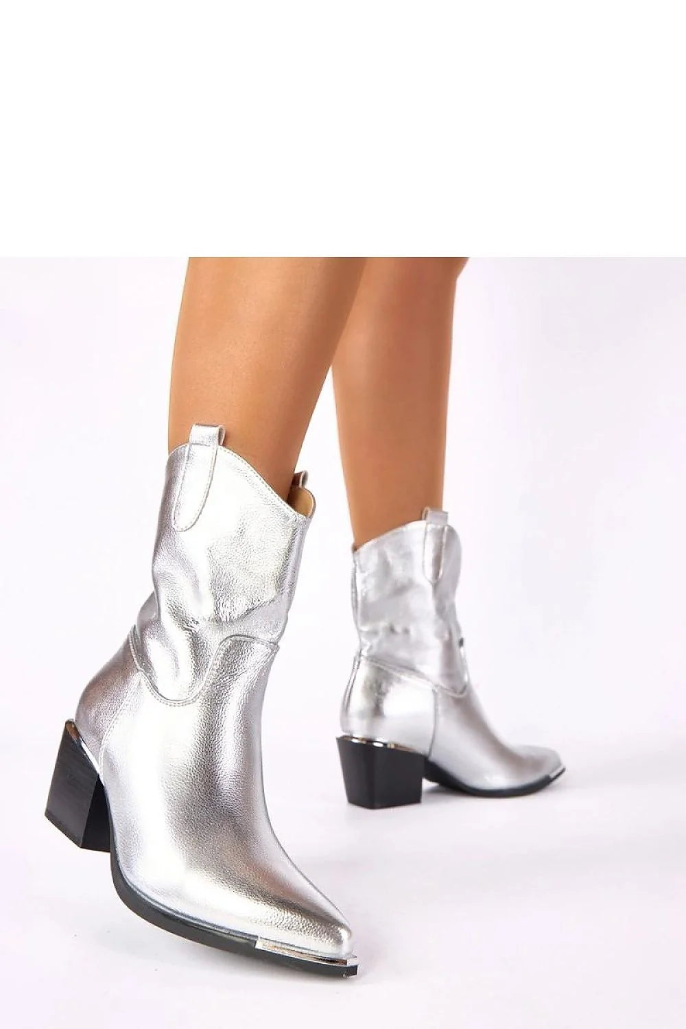 bottines cowboy argentées métalliques cuir synthétique tige mi mollet bout pointu embout orné talon bloc stable 7cm confortables femme Rosemary