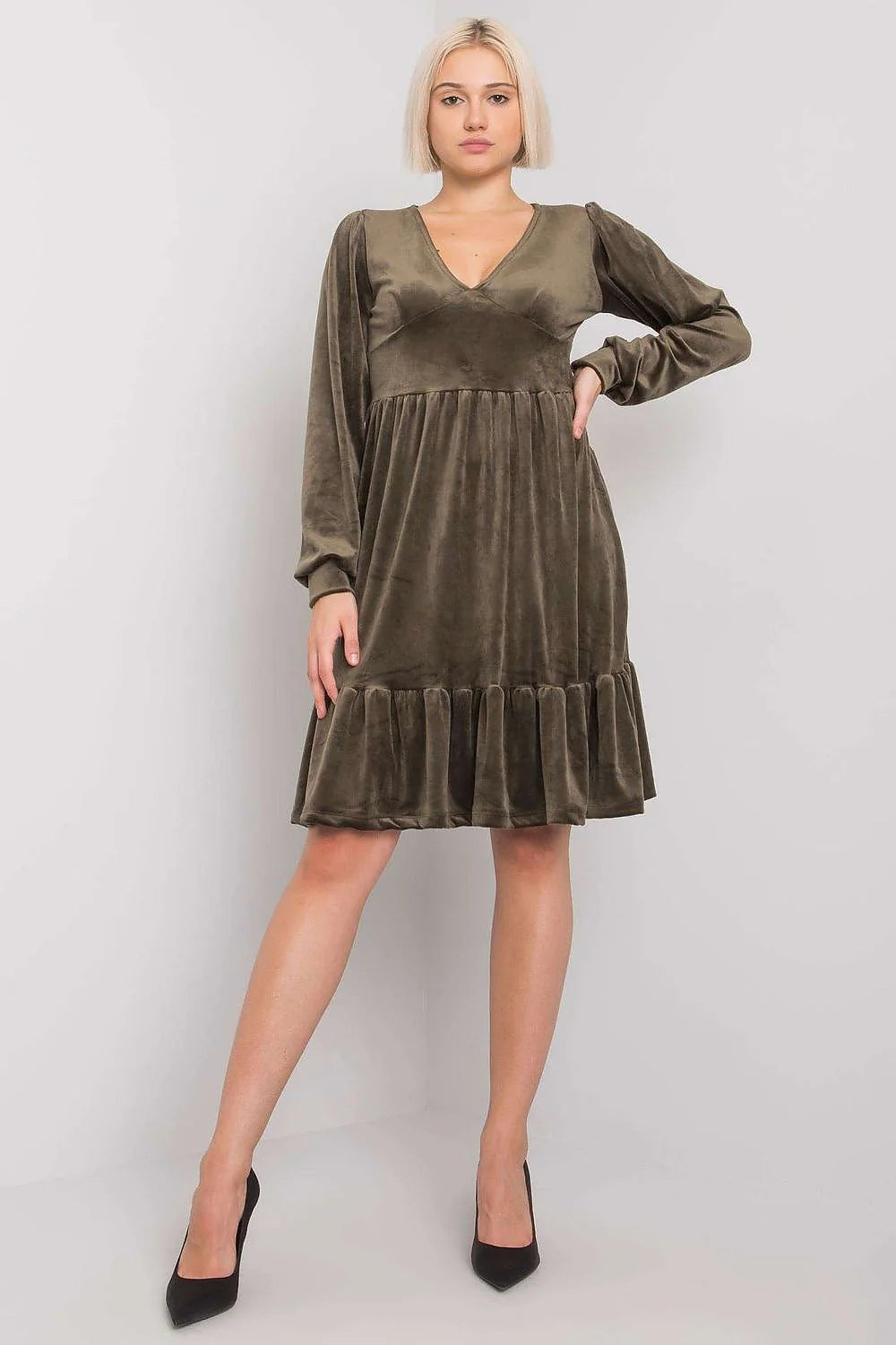 Robe en velours marron élégante manches longues encolure V empire pour femme automne casual