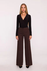 pantalon femme tailleur taille moyenne palazzo jambe large chocolat mat pli central bouton fermeture éclair dissimulée poches latérales