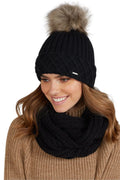 Bonnet et écharpe assortis hivernal tricot torsadé maille épaisse fausse fourrure pompon beige élégant noir femme