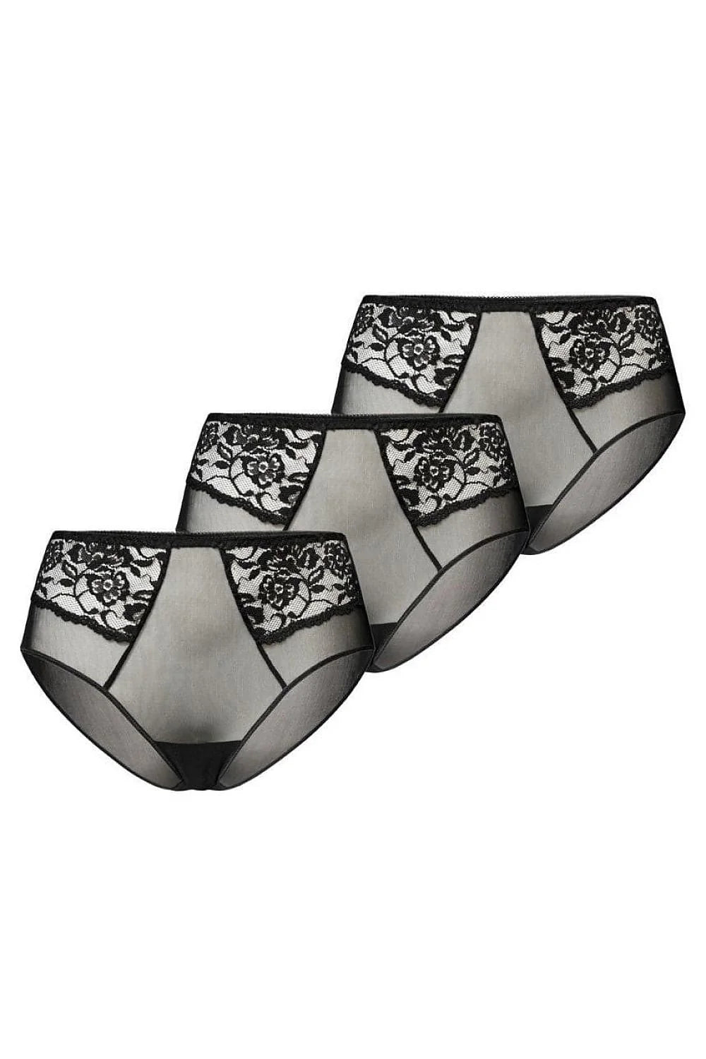 Ensemble de culottes féminines高-waisted en dentelle noire floral, pack de 3, matériau transparent, confortable, élégant, tailles XS à XXXL