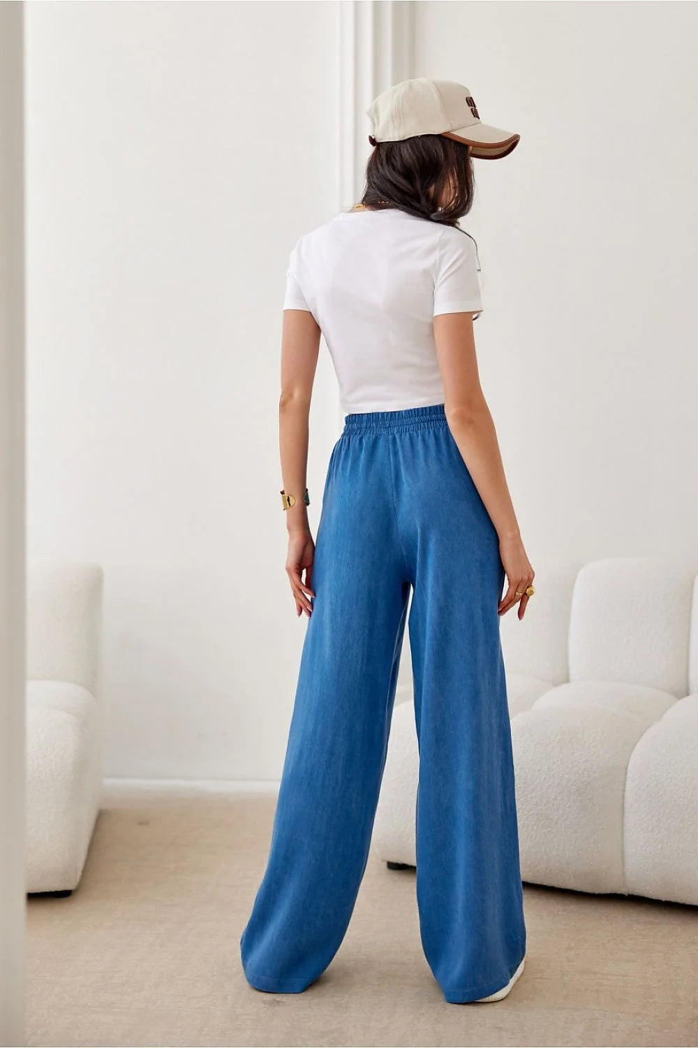 Pantalon femme Roco Fashion longues jambes larges taille haute ceinture élastique poches latérales ouvertes Tencel 100%
