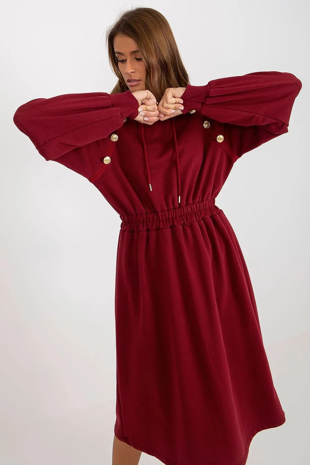 Robe de jour Relevance en coton et elasthanne, manches longues, capuche, boutons decoratifs, couleur verte, style casual, pour femme