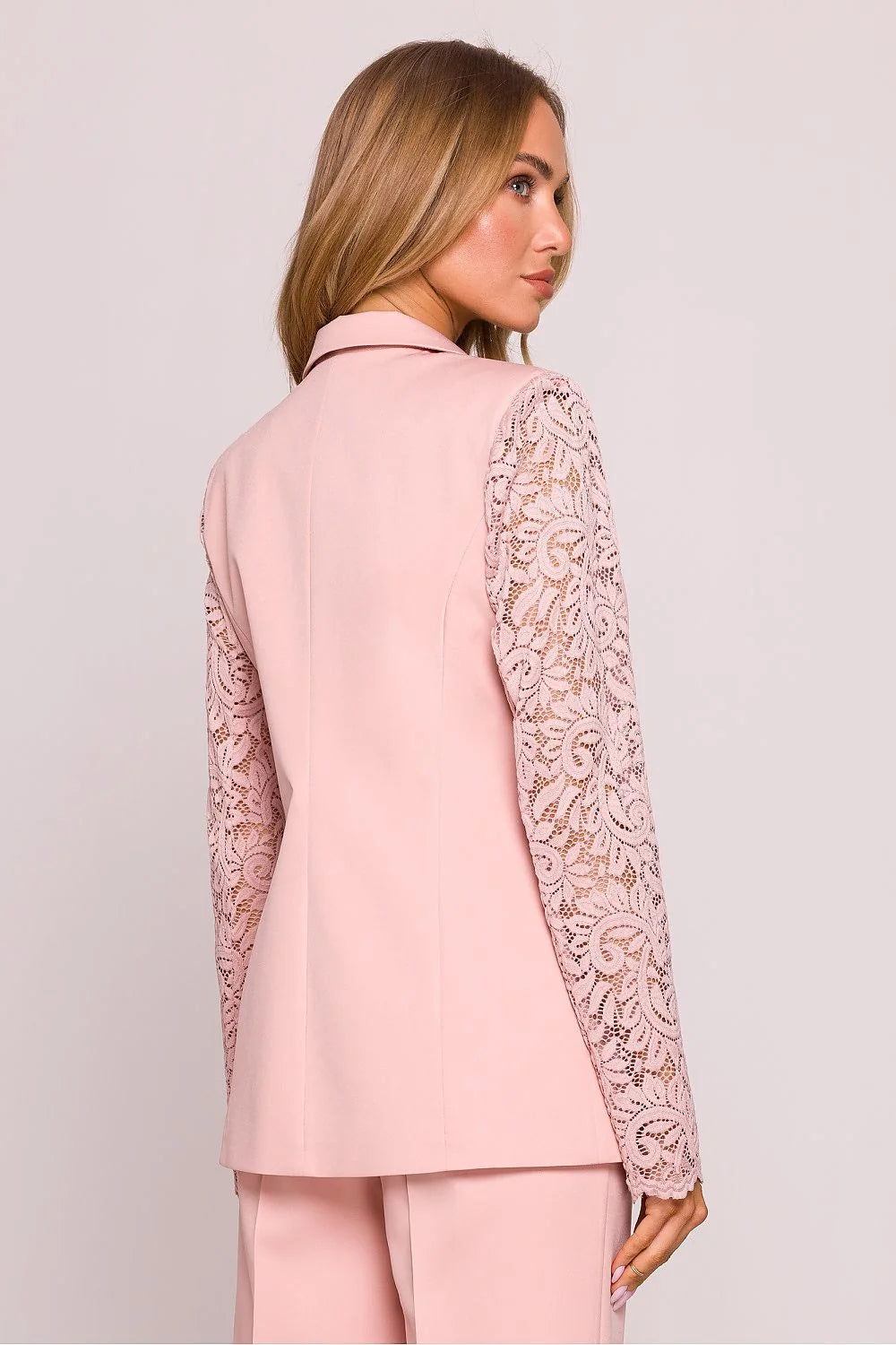 Veste Moe élégante longue manches dentelle élastique couleur rose pâle tailleur femme