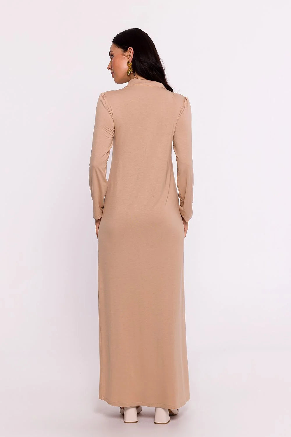 Robe longue élégante Be Wear manches longues col chemisier beige viscose fente avant occasionnels femmes