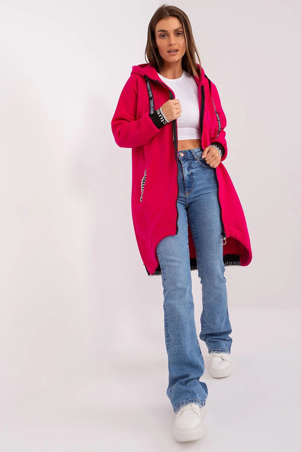 Manteau style urbain long pour femmes, couleur rose vif, capuche, fermeture éclair, poches zippées, tissu coton polyester