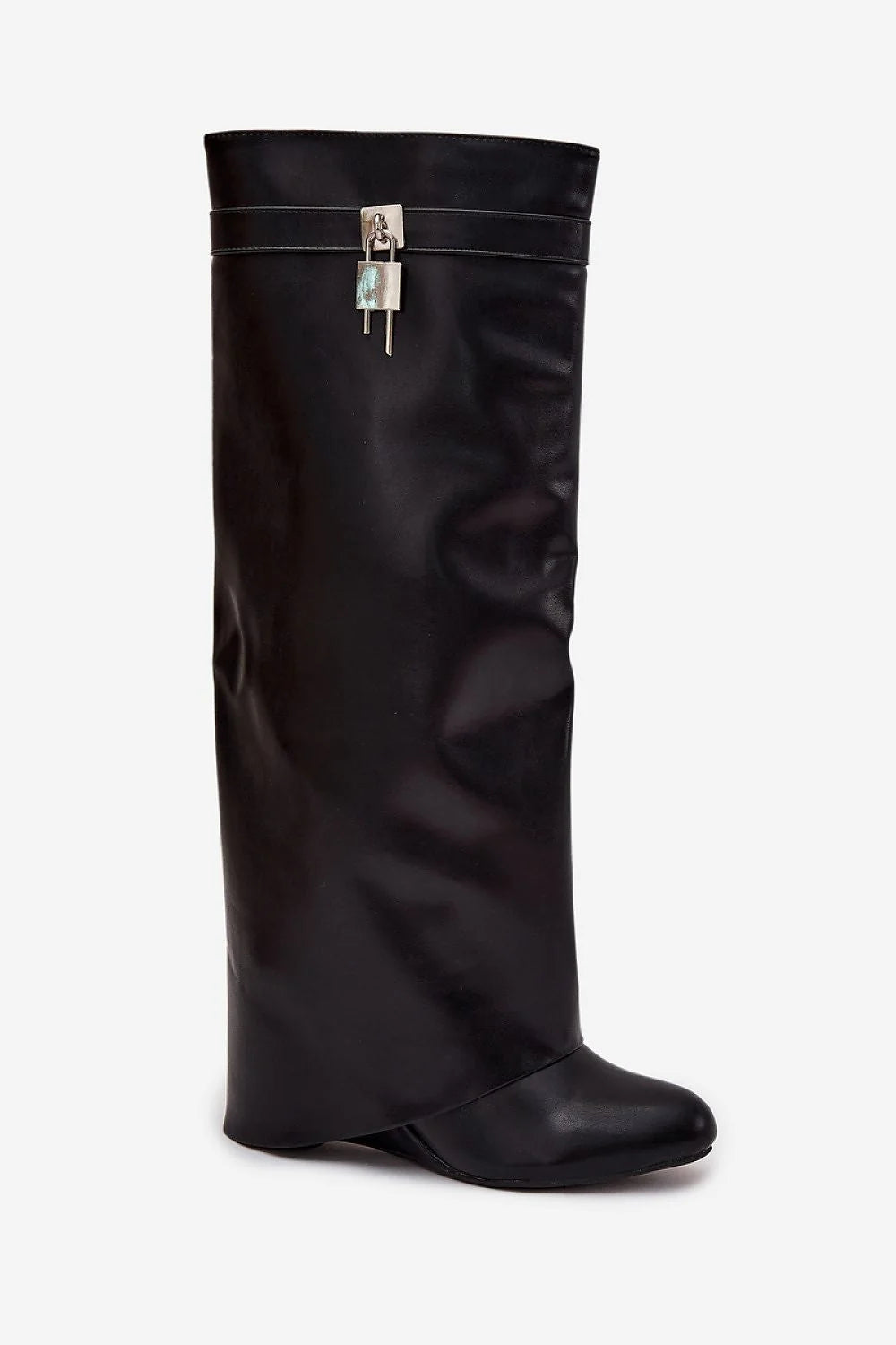 cuissardes femme similicuir suédé noir tige haute finition brillante bout amande talon compensé discret fermeture éclair sangle décorative
