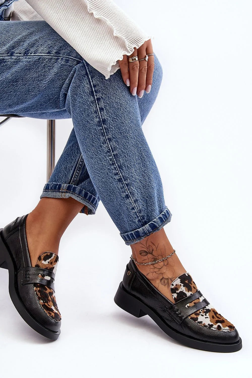 mocassins femme cuir noir imprimé léopard talon bloc semelle plateforme légère bout rond bride penny surpiqûres confort urbain chic sophistiqué