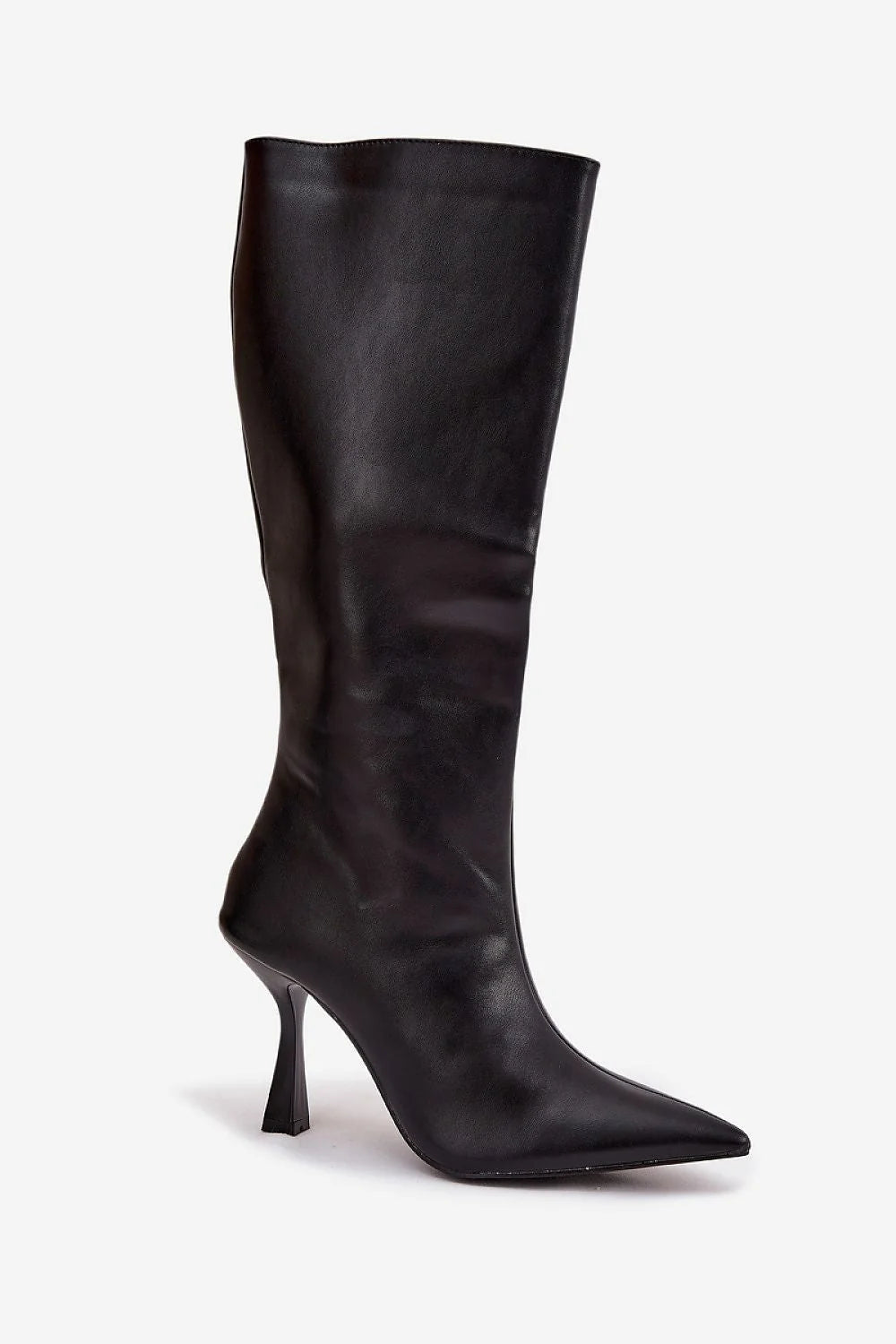 Bottes hautes femme cuir synthétique noir lisse bout pointu talon aiguille 9cm tige genou fermeture zippée latérale silhouette épurée élégante
