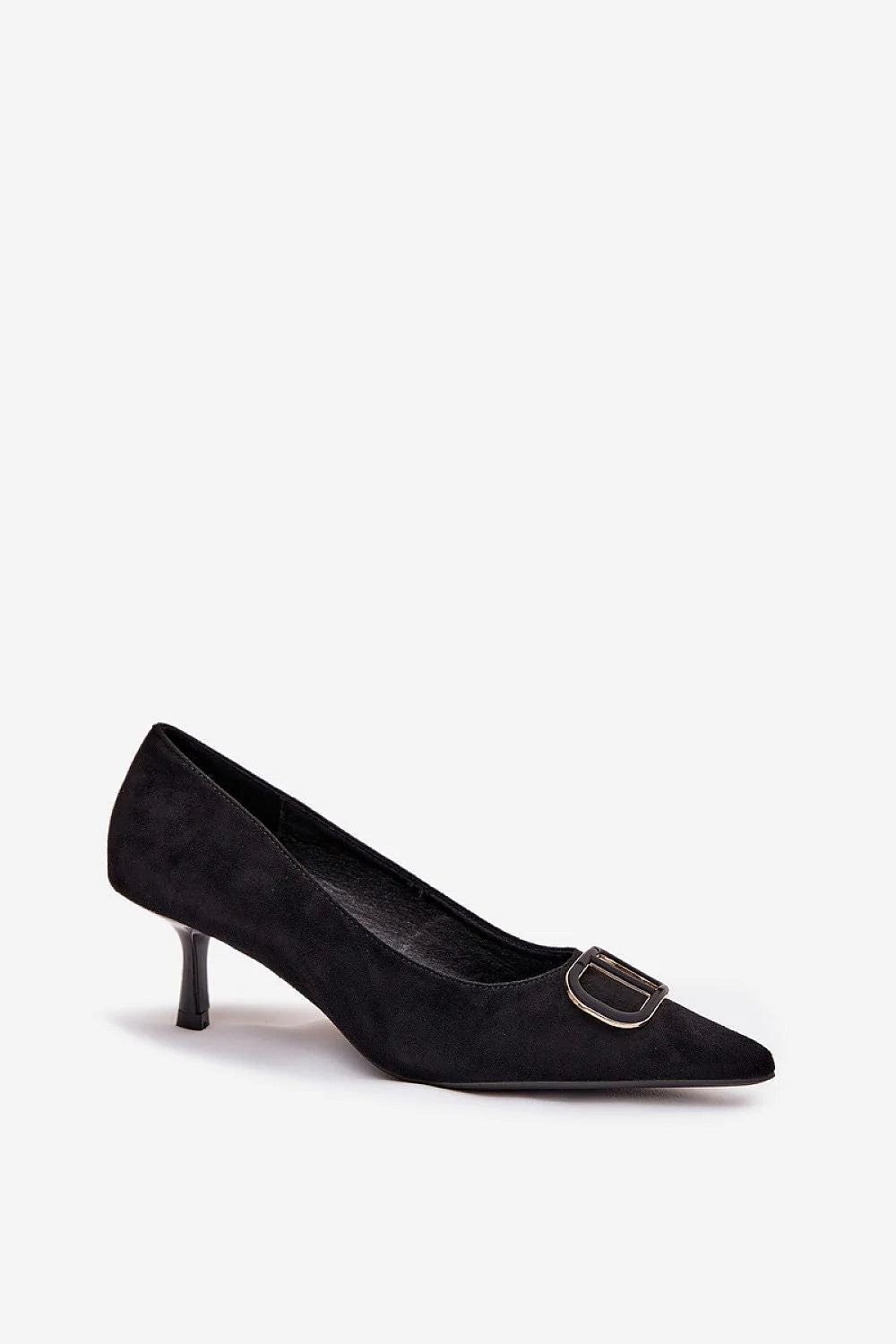 escarpins femme suédine écologique daim noir bout pointu boucle dorée empeigne slipon maintien talon kitten bas élégant finition velours confortable