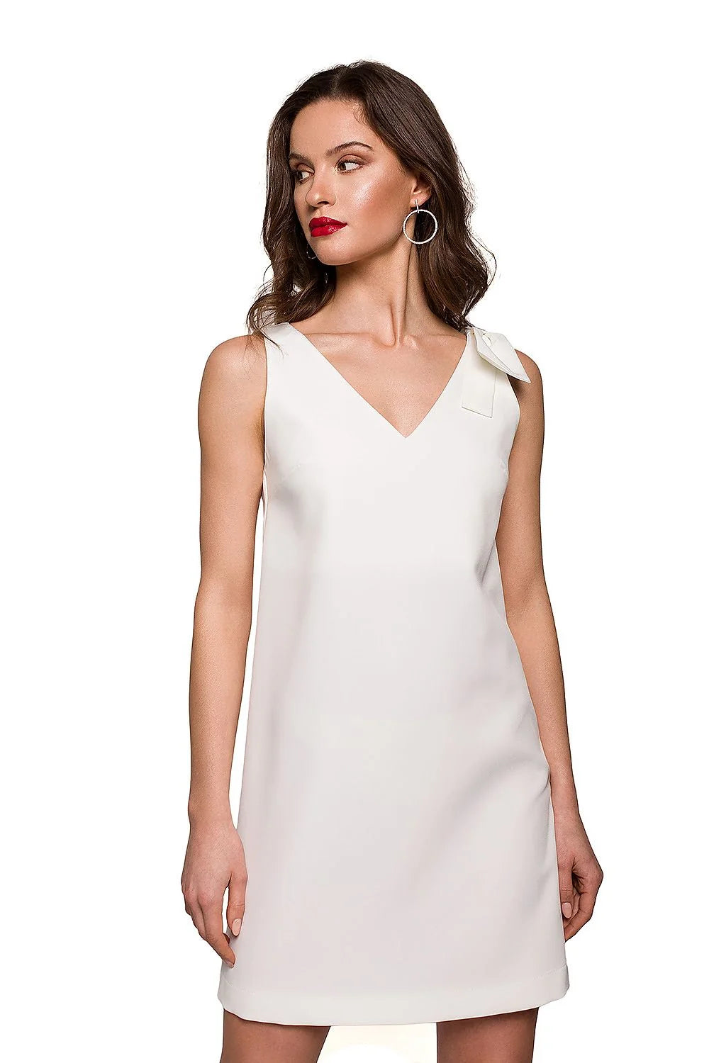 Robe femme polyester chic blanche élégante sans manches noeud épaule encolure V tendance garde-robe