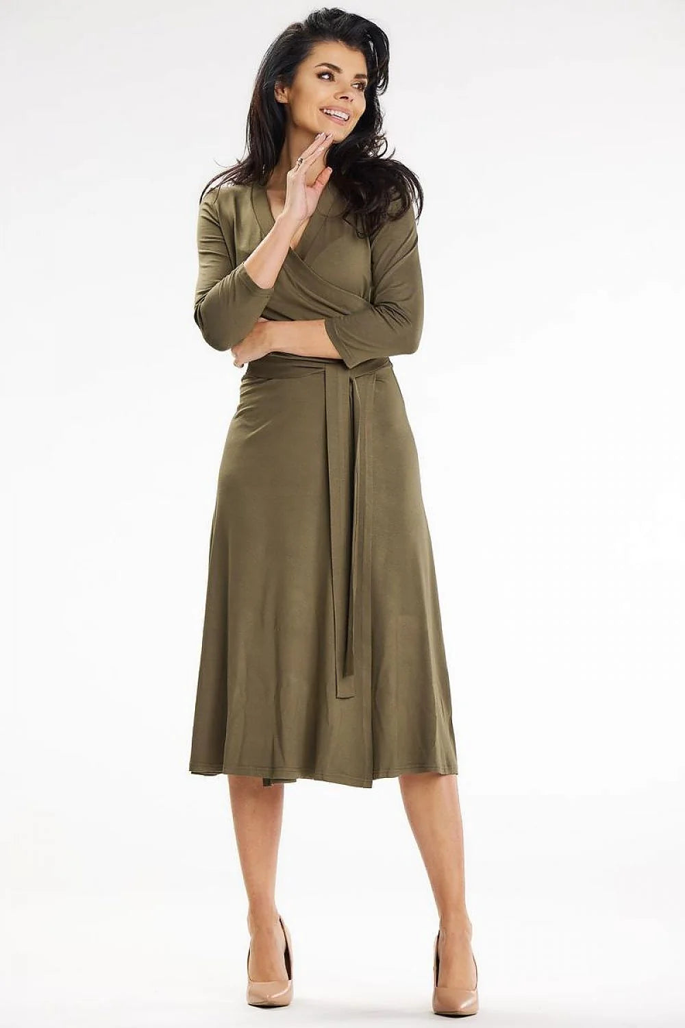 Robe midi chic moderne portefeuille 3/4 manches ceinture nouable kaki viscose elastane A-ligne V-encolure femme occasionnels