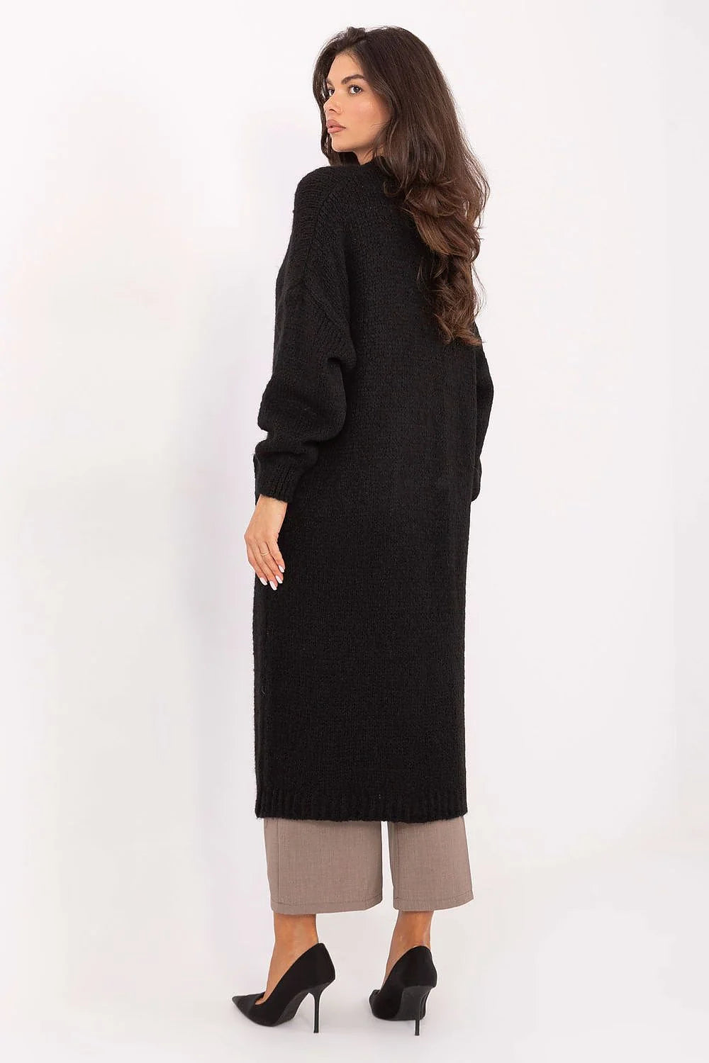 cardigan long femme duster maille noire épaisse moelleuse oversize ouvert manches longues poches plaquées côtelées poignets ourlet mi mollet chaud