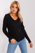 Pull pour femme élégant en maille motif torsadé manches longues col V noir ajusté coupe slim