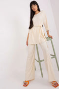 ensemble Lakerta tunique manches troisquarts ceinture pantalon palazzo taille haute maille côtelée coton élasthanne stretch beige clair