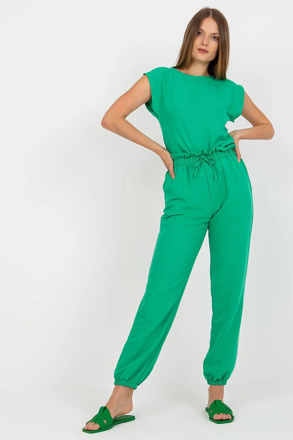 Ensemble été décontracté pour femme en coton élasthanne rose vif manches courtes taille élastique sans motif