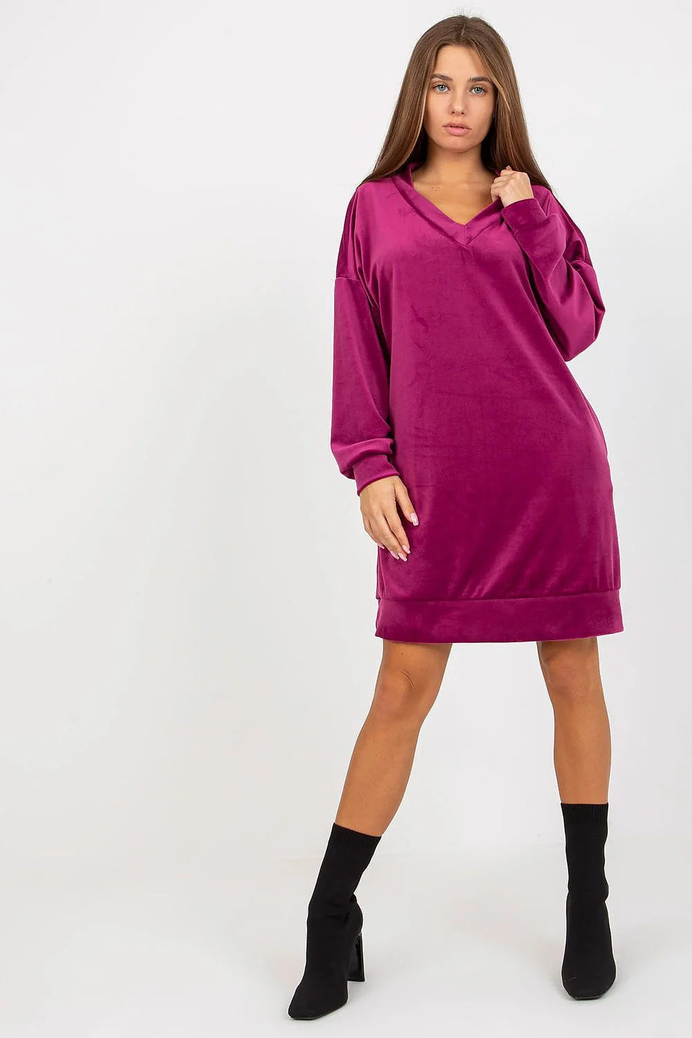 Robe de jour Rue Paris velours court manches longues encolure en V noir femme polyvalence