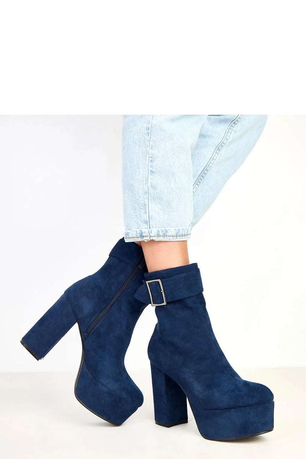 bottines femme suédé écologique bleu marine boucle décorative bout rond talon poteau 12cm plateforme 45mm tige 17cm fermeture zippée