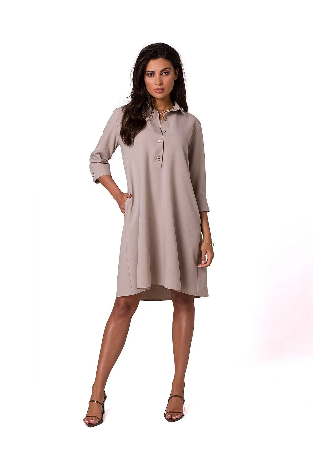 robe chemise BeWear casual chic évasée fluide manches trois quarts rose poudré tissu léger court poches boutonnage col revers intemporelle