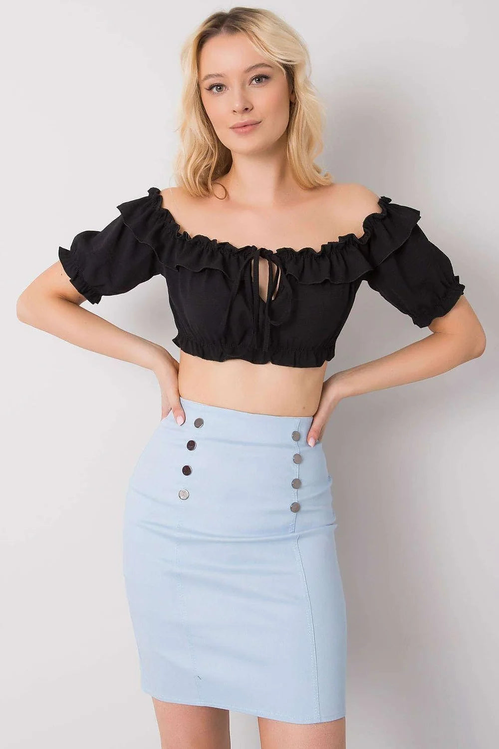 Ensemble chemisier jupe femme blanc style espagnol crop top manches courtes jupe courte smockée