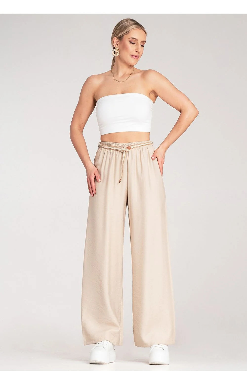 Pantalon femme viscose taille élastique bohème ceinture tressée couleur beige clair longueur pleine coupe large femme