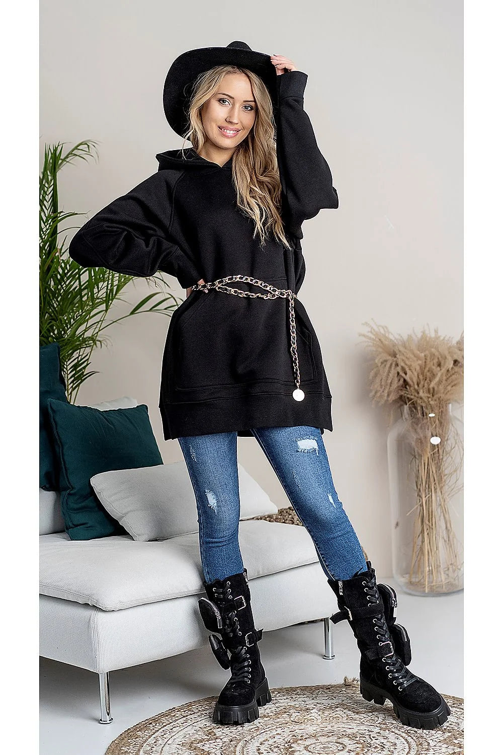 sweatshirt Hajdan oversize femme noir capuche longline molleton épais coton élasthanne poche kangourou manches raglan poignets côtelés fentes latérales