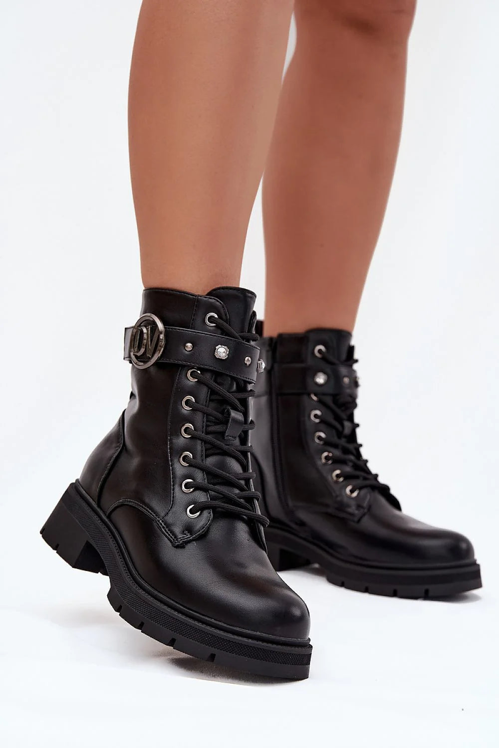 bottines femme montantes simili cuir lacées fermeture éclair doublure pelucheuse chaude bride boucle décorative semelle crantée antidérapante talon moyen motard