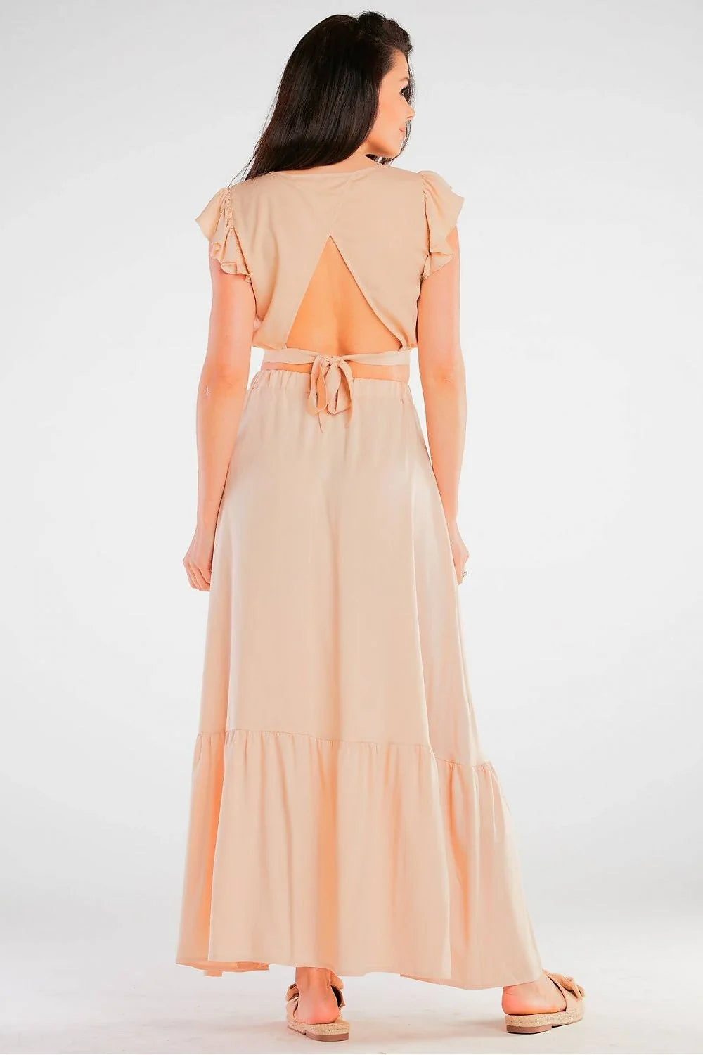 Robe longue élégante rouge viscosé femmes volants manches courtes taille élastiquée dos nu style été