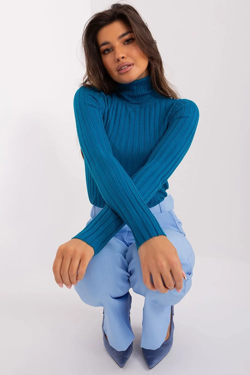 Col roulé pour femme en viscose élasthanne nylon polyester ajusté manches longues bleu pétrole pastel