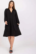 Robe noire fluide polyester élégante décontractée manches longues encolure V mi-mollet pour femmes modernes