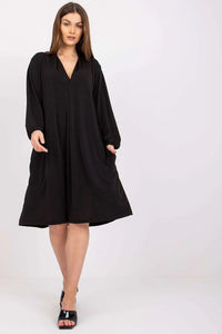 Robe noire fluide polyester élégante décontractée manches longues encolure V mi-mollet pour femmes modernes