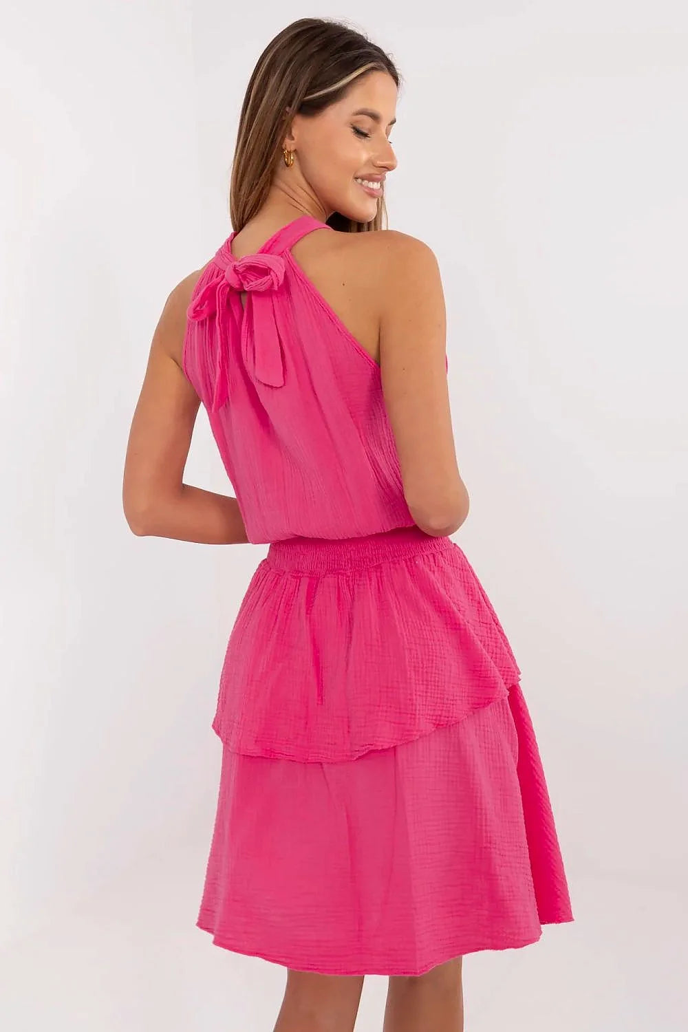 Robe de jour moderne Italy Moda en mousseline de coton sans manches rose vif taille élastiquée pour femme