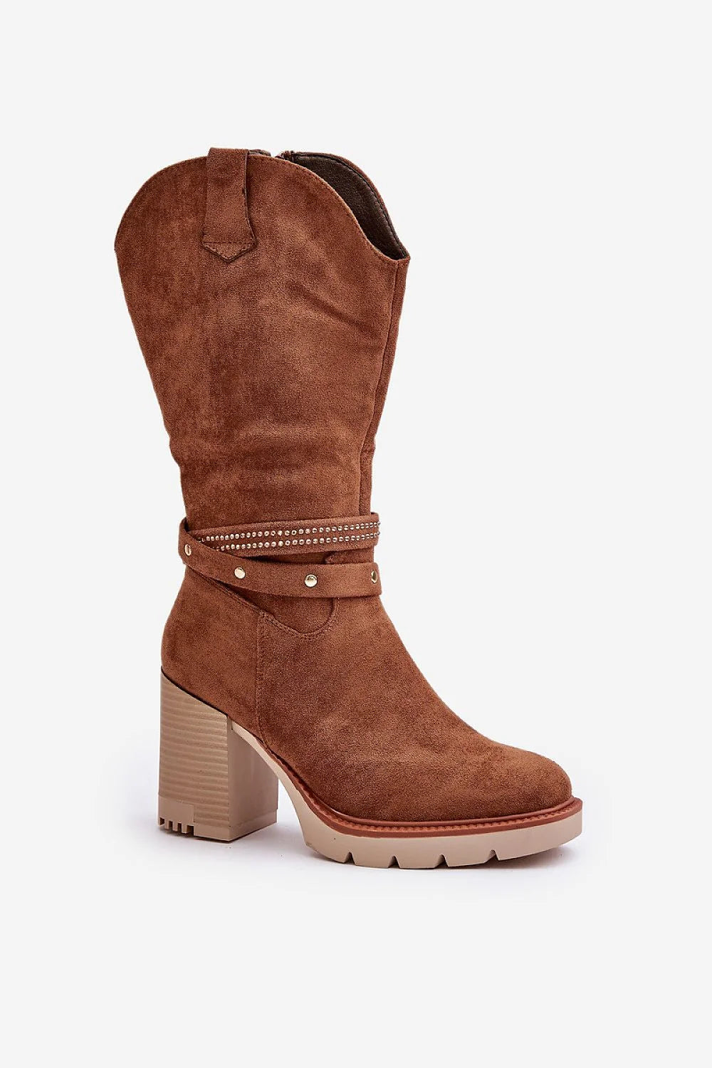 Bottes hautes pour femmes en daim brun style western zippé talon bloc 31 cm confortable