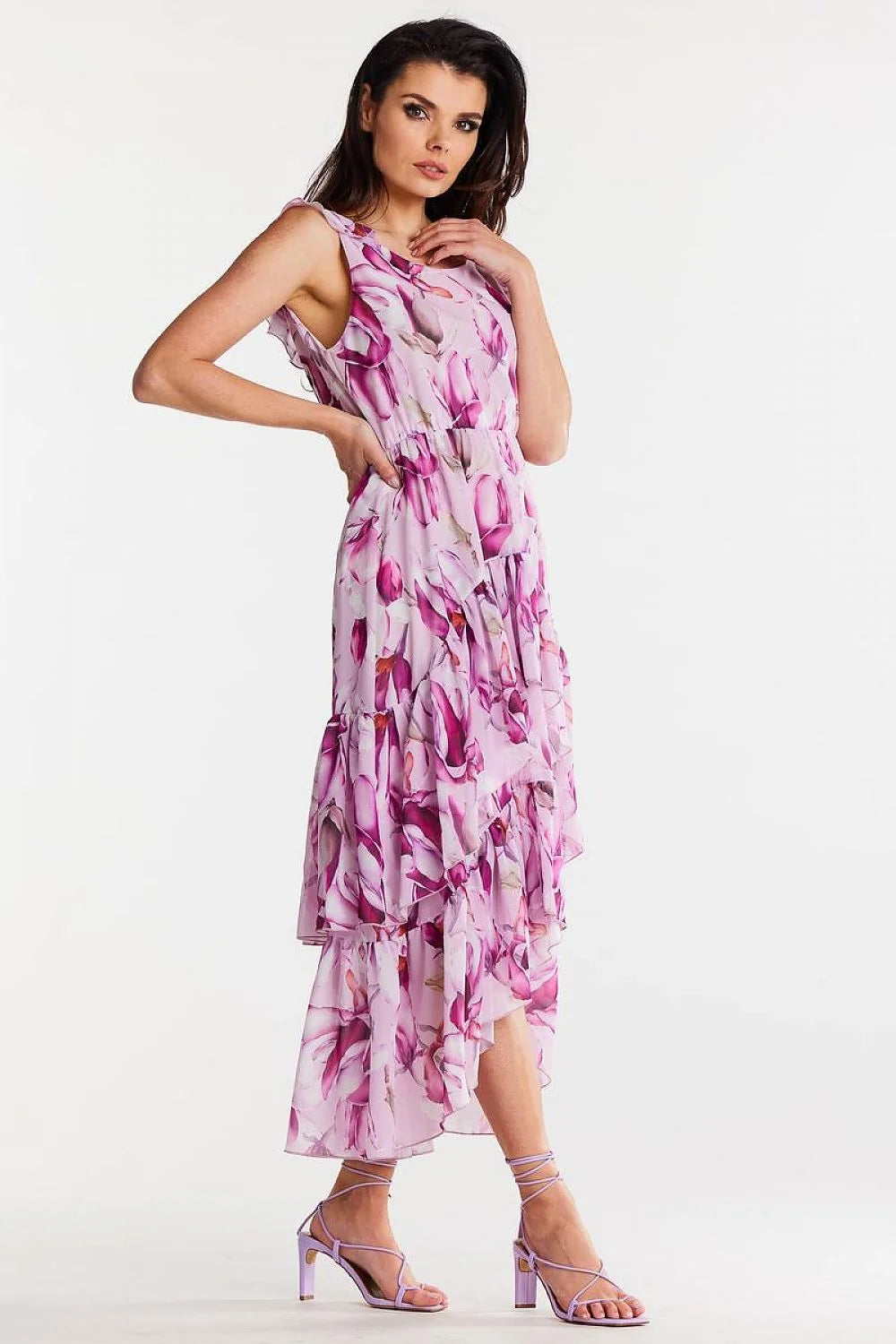 Robe de jour élégante asymétrique imprimé floral rose violet mousseline élastique taille ajustable femmes