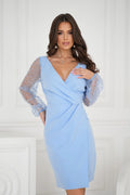 Robe de soirée élégante longue manches longues tissu transparent motifs floraux bleu ciel taille ajustable femme