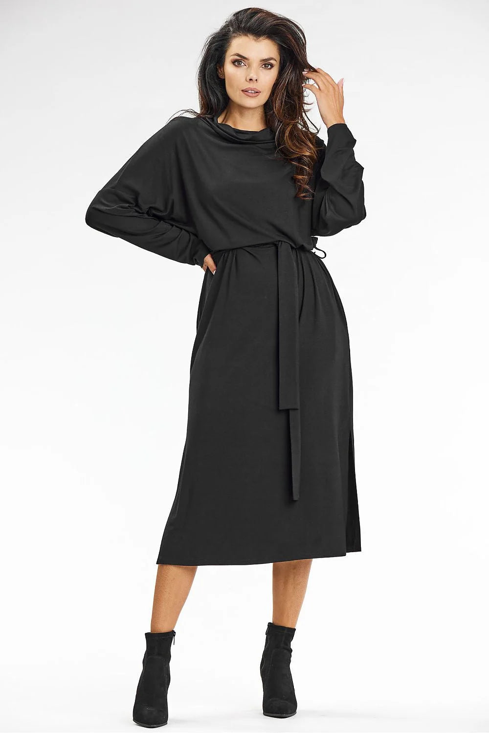 Robe de jour awama élégante en viscose manches longues col drapé ceinture intégrée fente latérale noire femme
