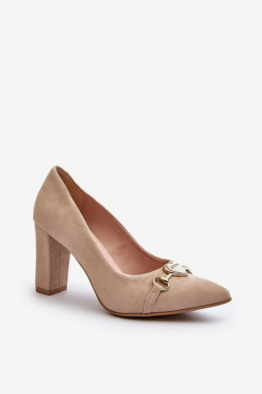 escarpins élégants talon stiletto épais stable neuf centimètres cuir suédé naturel beige velours bout pointu empeigne métallique doré coeur boucle