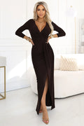 robe longue marron chocolat cachecoeur plongeant manches taille cintrée drapé asymétrique fente haute jersey extensible moulante élégante soirée