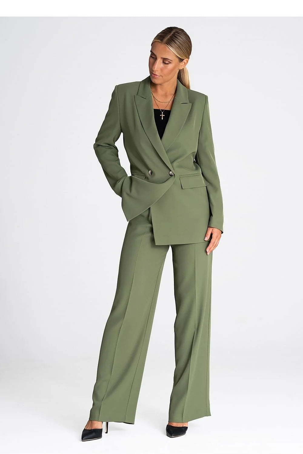 Tailleur femme élégant vert olive double boutonnage veste pantalon高定 coupe structurée occasion formelle