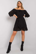 Robe de jour Och Bella élégante moderne manches longues encolure bardot ceinture ajustable polyester viscose noire femmes