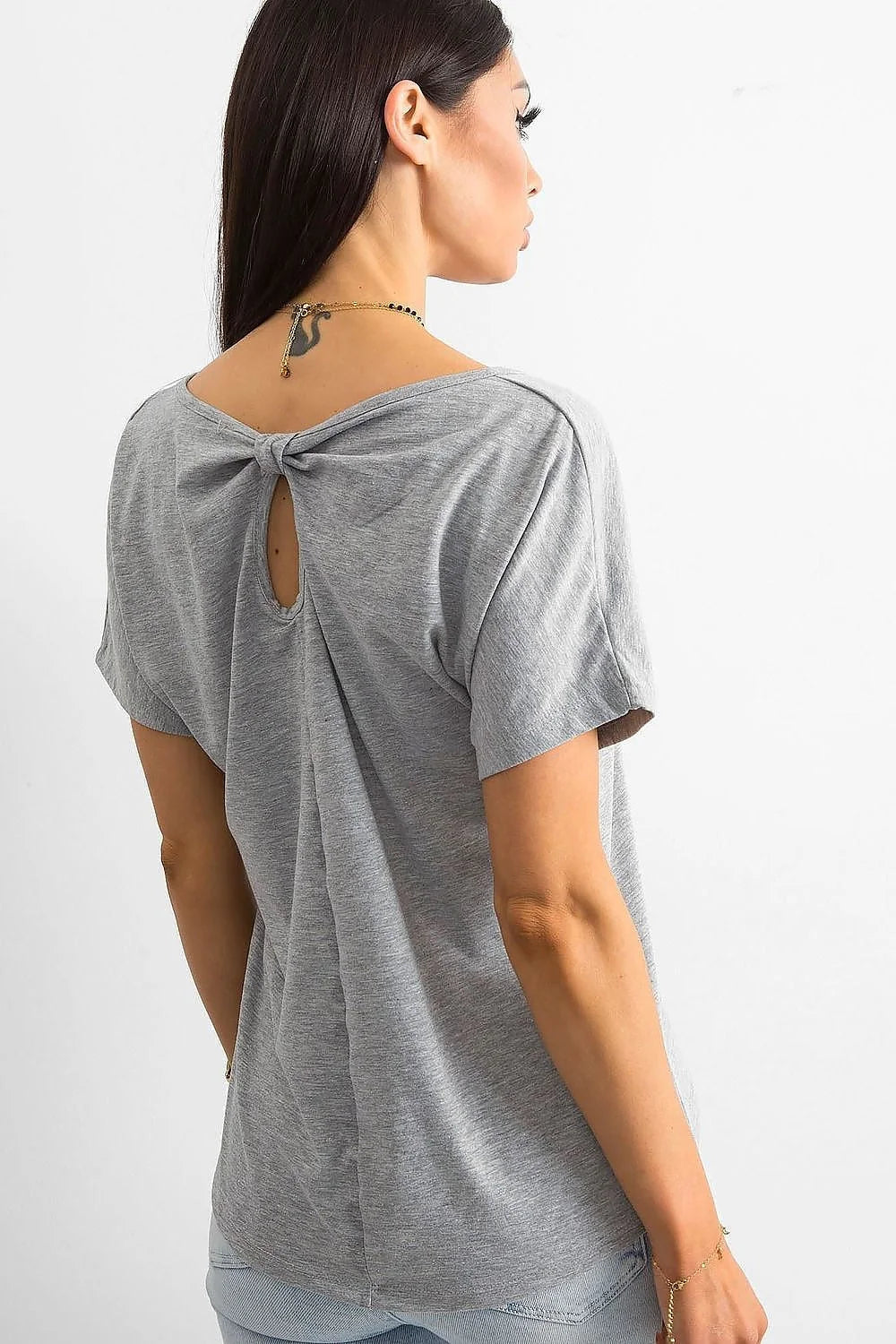 T-shirt BFG femme manches courtes encolure ronde fente dos coton élasthanne taille ajustable mode casual