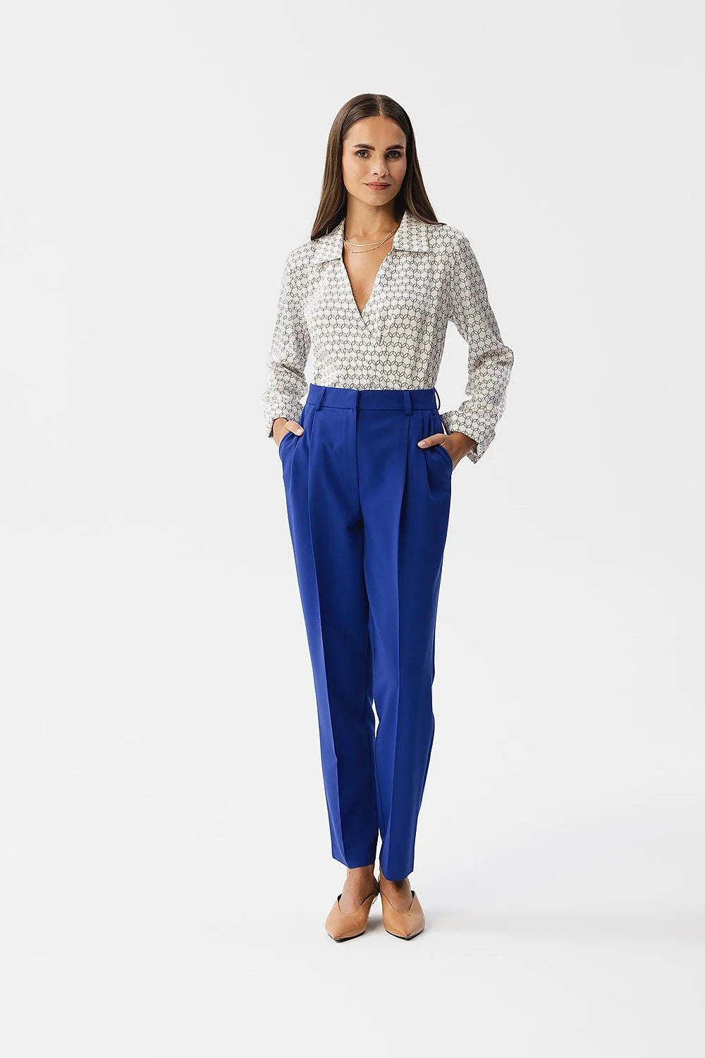 Chemisier Stylove élégant imprimé géométrique manches longues coupe ajustée haut et pantalon bleu vif pour femmes occasionnels professionnels et événements