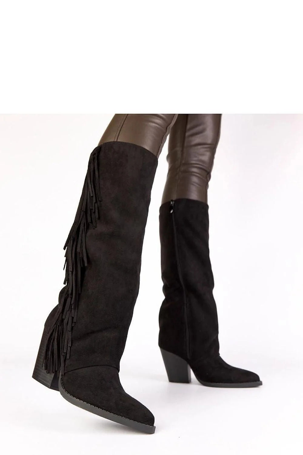 bottines noires suède cuir frangées western cowboy tige genou talon bloc moyen confortables semelle cousue antidérapante élégantes