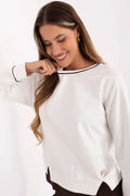 sweatshirt femme col rond manches longues coupe relaxée maille douce coton elasthanne blanc cassé bandes noires fentes latérales