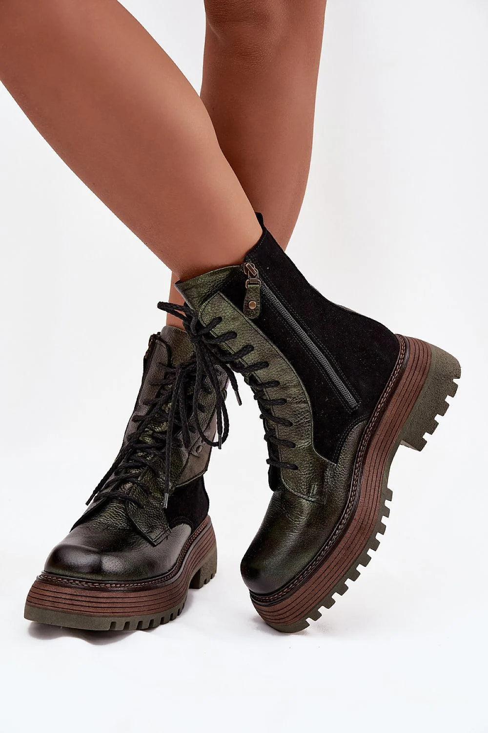 bottines femme Maciejka cuir naturel grainé kaki olive suède noir plateforme épaisse semelle crantée talon bloc bout carré fermeture éclair